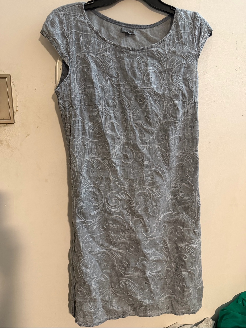 Lina Tomei Italian Designer  Dress S Gray Linen Embroid. w/Pockets & Round Neck